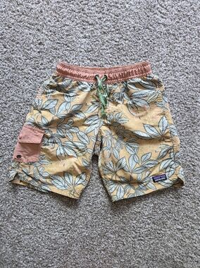 Patagonia Boys Baggies Boardshorts Small Pull On Snap Pocket Hevea Leaves Water